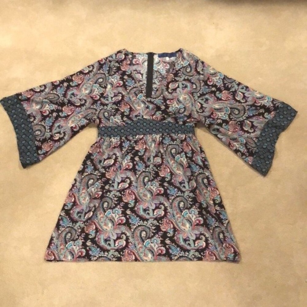 Blue Rain Paisley Print Flouncy Bohemian Dress Size Medium